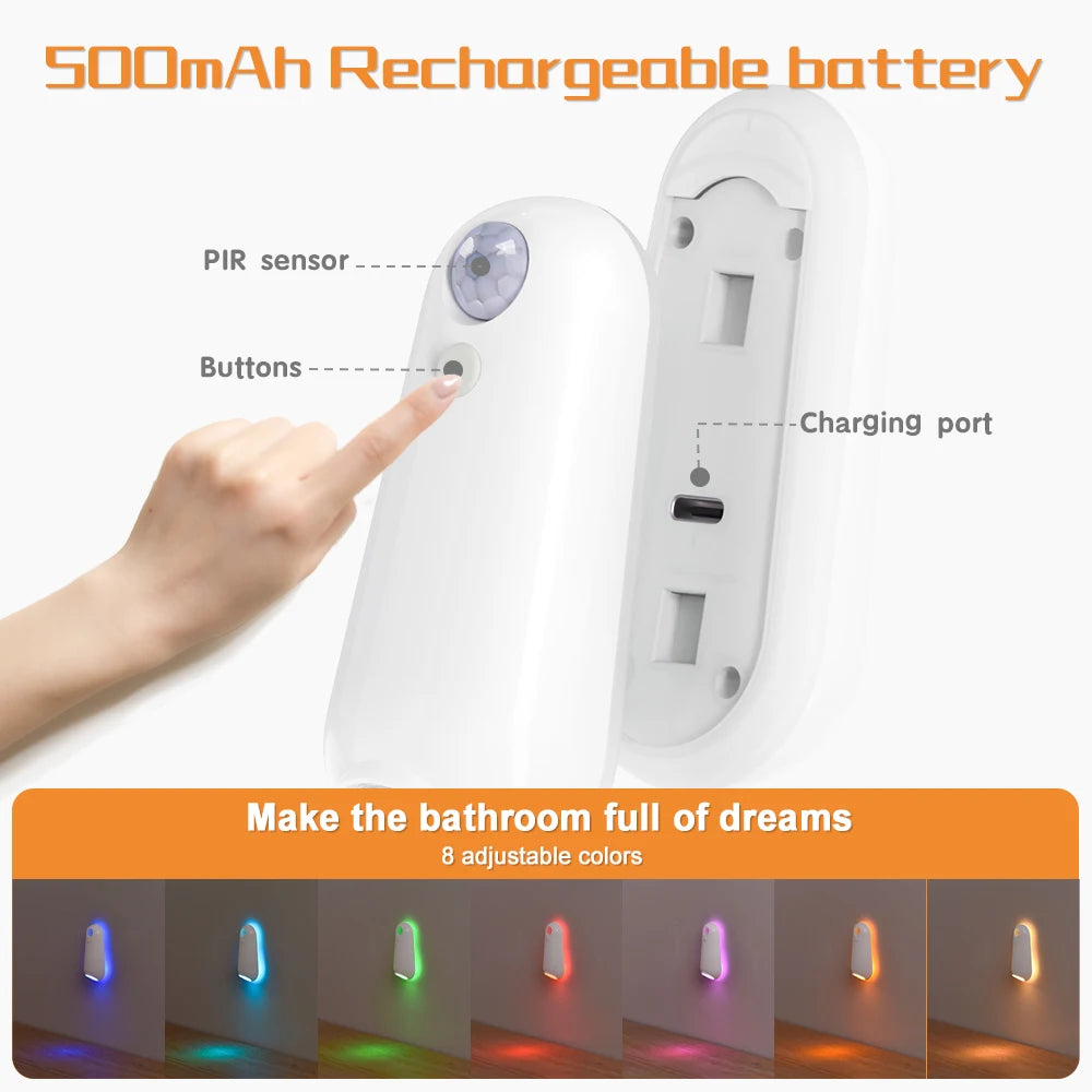 Enhance Your Bathroom with RGB Toilet Night Light - Motion Sensor, 7 Color Changing LED, Rechargeable for Ultimate Convenience!