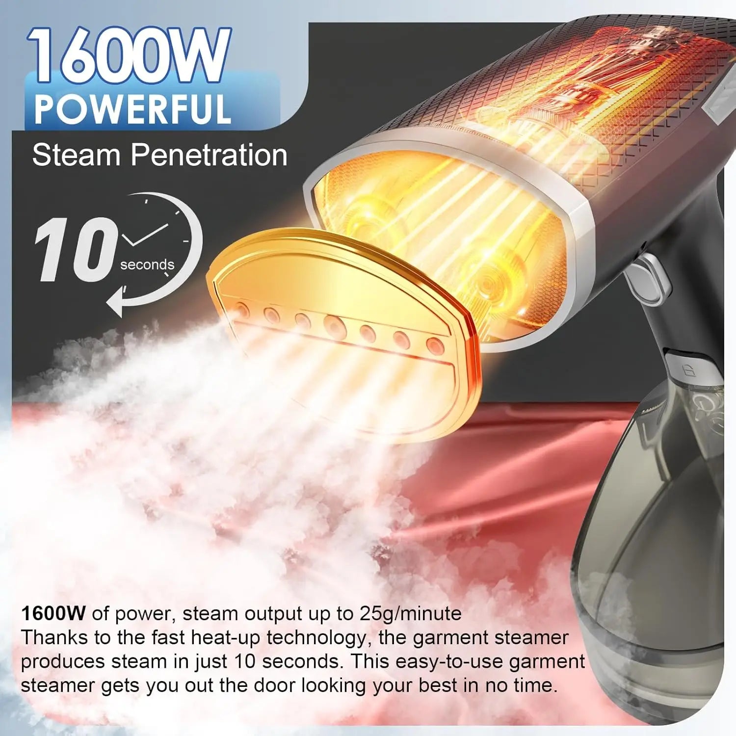 Steamer for Clothes, 1600W Handheld Clothes Steamer with 300Ml Tank, 10S Ultra-Fast Heat-Up Portable Garment Steamer Ideal