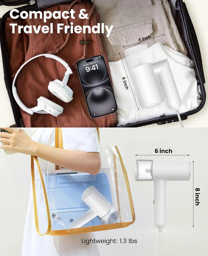 Handheld Steamer for Clothes, 1200W Foldable Travel Steamer, 20 Sec Preheat Garments Wrinkle Remover, 120V Portable Hand Iron with 150Ml Water Tank, Clothes Steamer for Home Travel-White