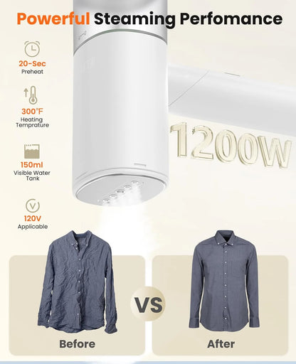 Handheld Steamer for Clothes, 1200W Foldable Travel Steamer, 20 Sec Preheat Garments Wrinkle Remover, 120V Portable Hand Iron with 150Ml Water Tank, Clothes Steamer for Home Travel-White